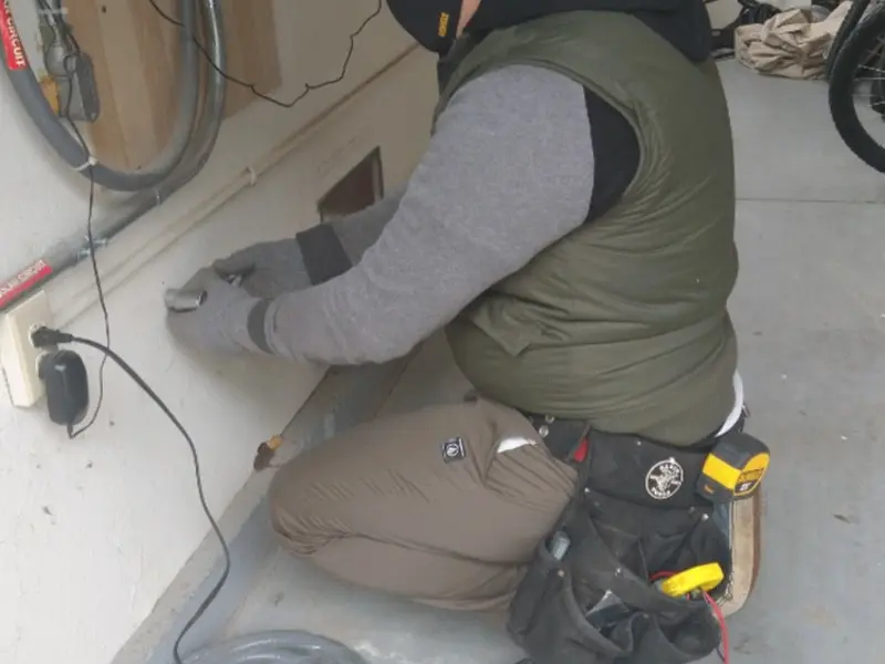 Electrician performing outlet wiring in a Marinette garage
